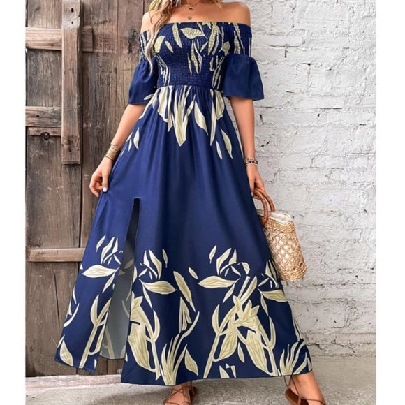 . Dresses & Skirts - Blue boho Womens Plants Print Shirred Detail Off Shoulder Split Thigh Dress